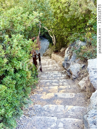 The stairs leading down are made of stone. Concrete pathway through lush greenery outdoors. 130818755