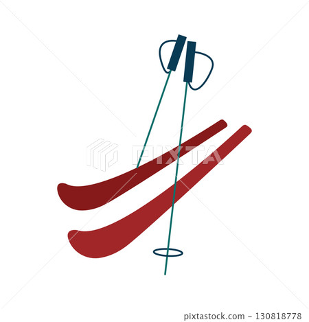 Pair of skis with sticks or poles isolated on white background. Winter sport equipment. Simple colored flat vector illustration 130818778