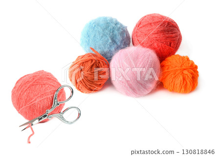 Colorful Yarn Balls with Scissors on a White Background Colorful Yarn Balls with Scissors on a White Background 130818846