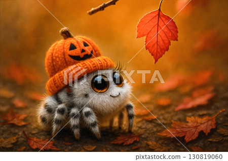 A whimsical spider with oversized, curious eyes wears a cozy autumn hat styled with Halloween flair. Perched thoughtfully, it gazes at a vibrant fallen leaf  130819060
