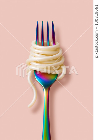A shimmering iridescent fork delicately holds a swirl of yellow pasta, set against a soft pink pastel background that adds a dreamy, elegant touch to this visually striking culinary scene. 130819061