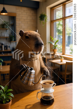 Realistic capybara barista is making hand drip coffee, holding a gooseneck kettle gently pouring water over a dripper.   130819063