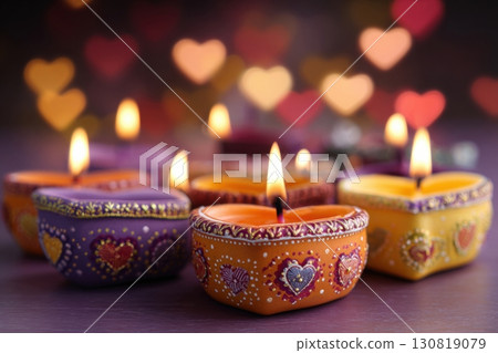 Decorative Diwali Clay Candles with Heart Bokeh Lights 130819079