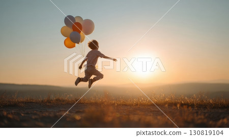 Joyful child jumping with colorful balloons at sunse 130819104