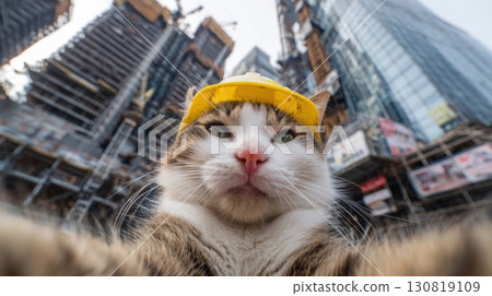 Close-up of a cat wearing a yellow construction helmet and safety vest 130819109
