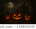 Jack-o'-lanterns illuminate spooky night near haunted mansion surrounded by bats and bare trees during Halloween celebration 130819145