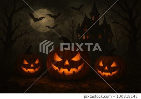 Jack-o'-lanterns illuminate spooky night near haunted mansion surrounded by bats and bare trees during Halloween celebration Jack-o'-lanterns illuminate spooky night near haunted mansion surrounded by bats and bare trees during Halloween celebration 130819145