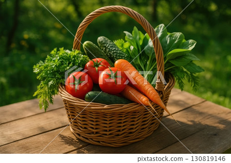 Basket filled with fresh vegetables including tomatoes, cucumbers, carrots, and greens in a serene garden setting during daytime 130819146