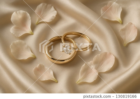 Elegant wedding rings placed on satin fabric with delicate rose petals surrounding them 130819166