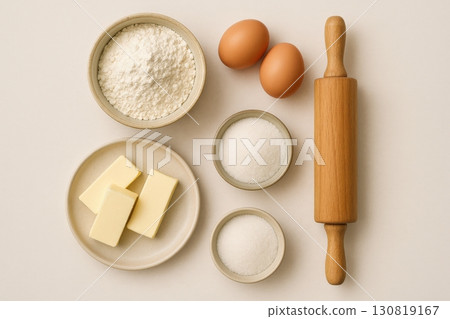 Ingredients arranged for baking with flour, eggs, butter, and sugar on a light background 130819167