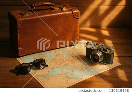 Vintage suitcase, camera, and sunglasses arranged on a map showcasing travel essentials for explorers ready for adventure 130819168