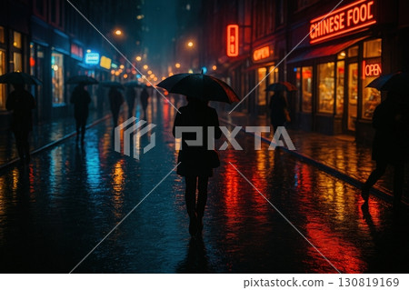 Umbrella silhouettes walk through a rainy street illuminated by neon lights in a bustling city at night 130819169
