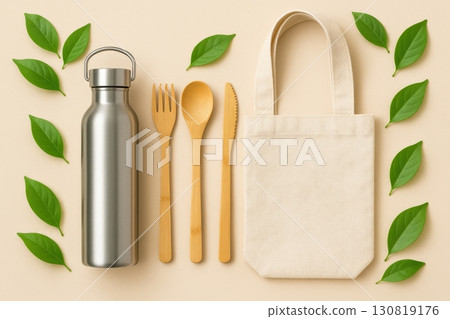 Stainless steel water bottle, bamboo utensils, and eco-friendly bag arranged with green leaves, promoting sustainable living and healthy choices 130819176