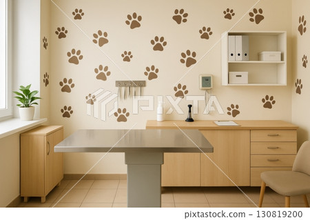 Veterinary clinic interior with playful paw print decorations in a welcoming treatment room filled with natural light 130819200