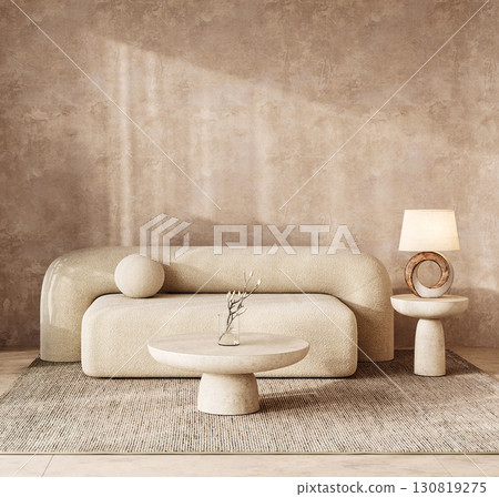 Chic boho scandinavian living area with textured sofa and large decorative plant, 3d rendering 130819275