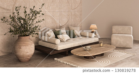 Serene living room with organic accents and lush olive tree 3d render Serene living room with organic accents and lush olive tree 3d render 130819278