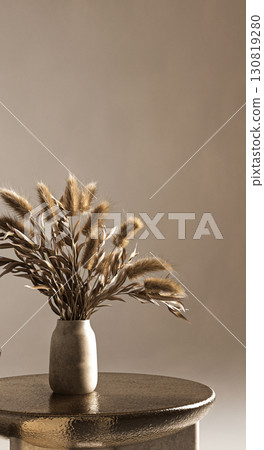 Elegantly simple 3d render composition of textured tables and vase with pampas grass, showcasing the interplay of form and texture in design 130819280