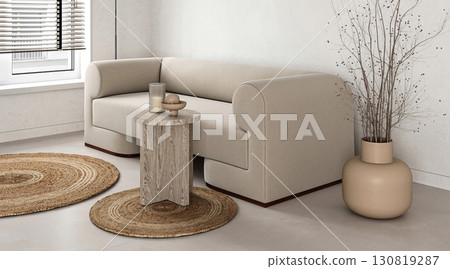 Scandinavian livingroom with sofa, rug and branches in vase background. Light modern nature view. 3d rendering. High quality 3d illustration 130819287