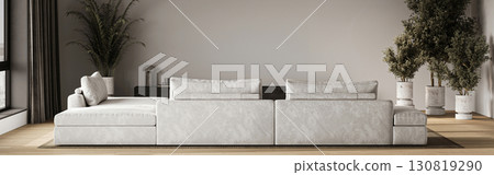 A Modern Living Room featuring Minimalist Design Elements adorned with a Cozy Couch 130819290