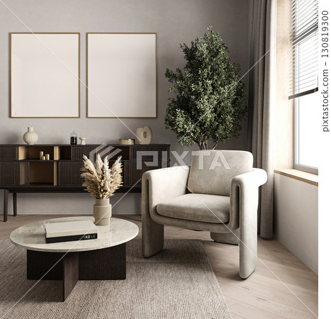 Modern gray livingroom with cabinet, green plants and armchairs background. Light modern japanese nature view. 3d rendering. High quality 3d illustration 130819300