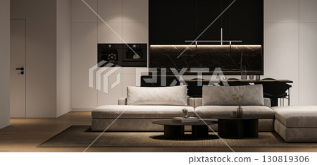 Modern minimalist living room design featuring stylish and functional furniture choices, 3d rendering 130819306