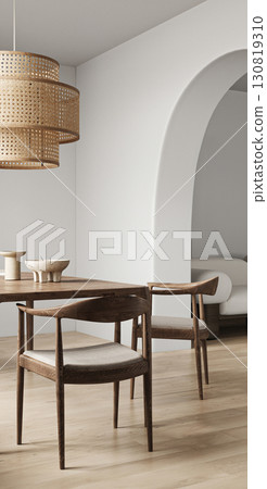Modern style wooden interior with arch and dining table background. Nature lamp design. 3d rendering. High quality 3d illustration Modern style wooden interior with arch and dining table background. Nature lamp design. 3d rendering. High quality 3d illustration 130819310