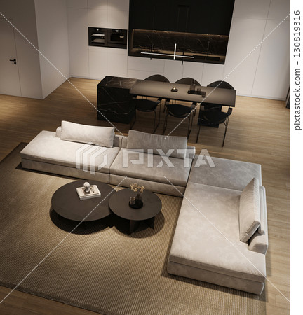 Modern minimalism interior livingroom with large modular sofa, night city view and marble kitchen island. 3d rendering. High quality 3d illustration Modern minimalism interior livingroom with large modular sofa, night city view and marble kitchen island. 3d rendering. High quality 3d illustration 130819316