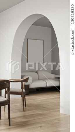 Modern style wooden interior with arch and dining table background. Nature lamp design. 3d rendering. High quality 3d illustration Modern style wooden interior with arch and dining table background. Nature lamp design. 3d rendering. High quality 3d illustration 130819320