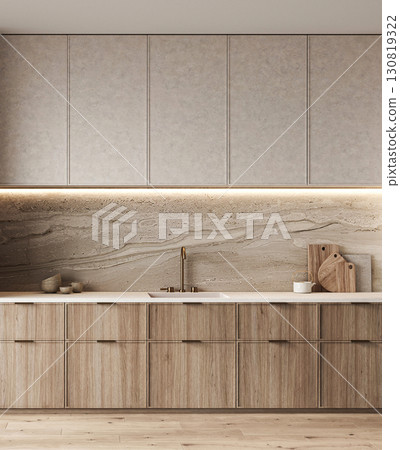Contemporary kitchen design emphasizing neutral tones, natural wood, and sublime marble textures. 3d rendering. High quality 3d illustration 130819322