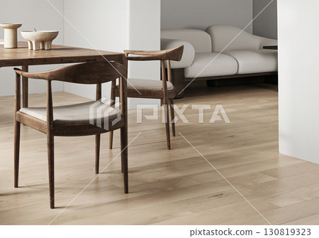Modern style wooden interior with arch and dining table background. Nature lamp design. 3d rendering. High quality 3d illustration 130819323