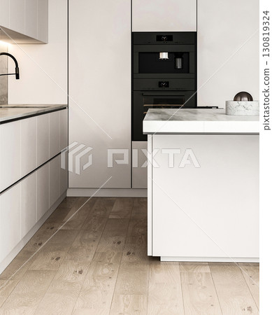 Modern nature style white kitchen interior design with island and panoramic window background. 3d rendering. High quality 3d illustration 130819324