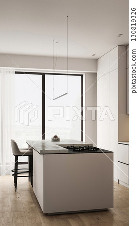 Modern nature style white kitchen interior design with island and panoramic window background. 3d rendering. High quality 3d illustration 130819326