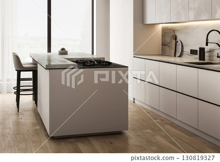 Modern nature style white kitchen interior design with island and panoramic window background. 3d rendering. High quality 3d illustration 130819327