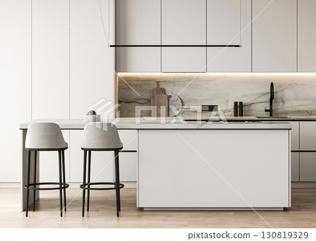 Modern nature style white kitchen interior design with island and panoramic background. 3d rendering. High quality 3d illustration 130819329