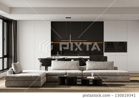 A stunning Modern Minimalist Living Room that seamlessly incorporates a sophisticated Kitchen Area 130819341