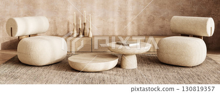 Minimalist boho scandinavian living room with abstract art and natural wood accents. 3d render Minimalist boho scandinavian living room with abstract art and natural wood accents. 3d render 130819357