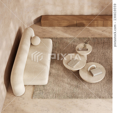 Spacious boho scandinavian interior with unique seating and wooden accents. 3d render 130819359