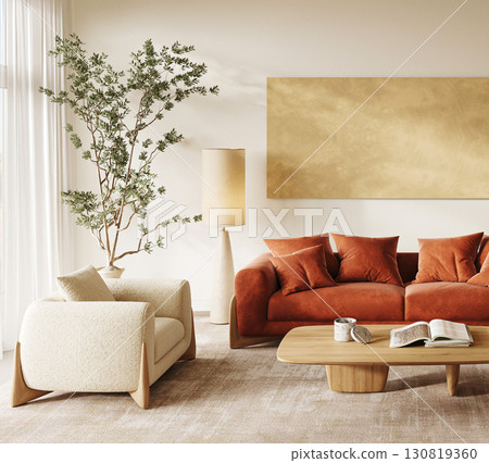 Modern Scandinavian living space with a plush terracotta couch and elegant home accents. 3d render 130819360