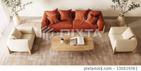 Inviting Scandinavian living room with lush terracotta sofa and naturalistic decor. 3d render Inviting Scandinavian living room with lush terracotta sofa and naturalistic decor. 3d render 130819361