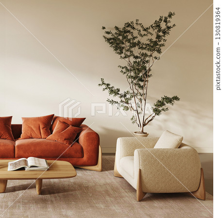 Modern Scandinavian living space with a plush terracotta couch and elegant home accents. 3d render Modern Scandinavian living space with a plush terracotta couch and elegant home accents. 3d render 130819364