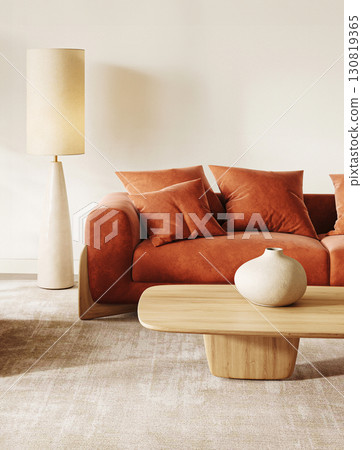 Chic Scandinavian living room featuring a terracotta sofa and sleek white floor lamp. 3d render 130819365