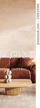 Modern Scandinavian living room with statement lighting and terracotta sofa. 3d render Modern Scandinavian living room with statement lighting and terracotta sofa. 3d render 130819366