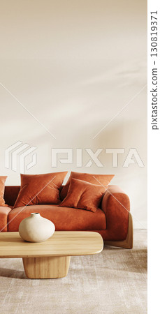 Chic Scandinavian living room featuring a terracotta sofa and sleek white floor lamp. 3d render Chic Scandinavian living room featuring a terracotta sofa and sleek white floor lamp. 3d render 130819371