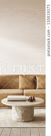 Scandinavian corner with golden velvet sofa and organic elements for a serene space. 3d render 130819373
