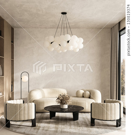 Contemporary beige living room with plush seating and modern minimalist decor in a bohemian scandinavian design. 3d render 130819374