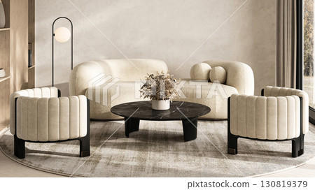 Contemporary beige living room with plush seating and modern minimalist decor in a bohemian scandinavian design. 3d render 130819379