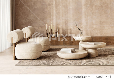Cozy boho scandinavian reading nook with unique chair and round stone table, 3d rendering 130819381