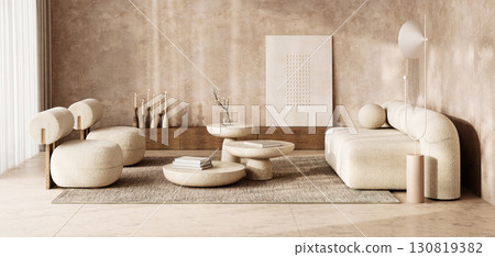 Cozy boho scandinavian reading nook with unique chair and round stone table, 3d rendering Cozy boho scandinavian reading nook with unique chair and round stone table, 3d rendering 130819382