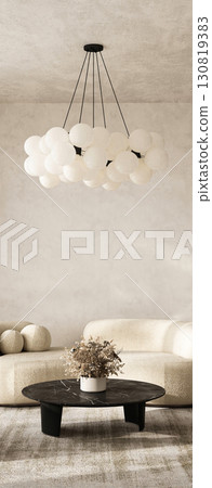 Contemporary beige living room with plush seating and modern minimalist decor in a bohemian scandinavian design. 3d render 130819383