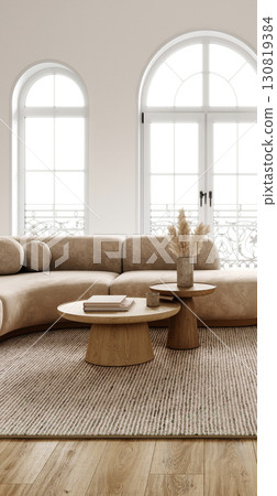 Airy and elegant boho scandinavian living room with sweeping arch windows. 3d render Airy and elegant boho scandinavian living room with sweeping arch windows. 3d render 130819384